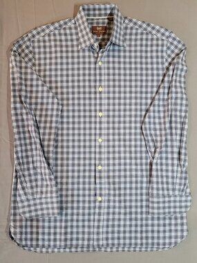Hickey Freeman Men's Large Blue Plaid Check Long Sleeve Button-Up Shirt Casual